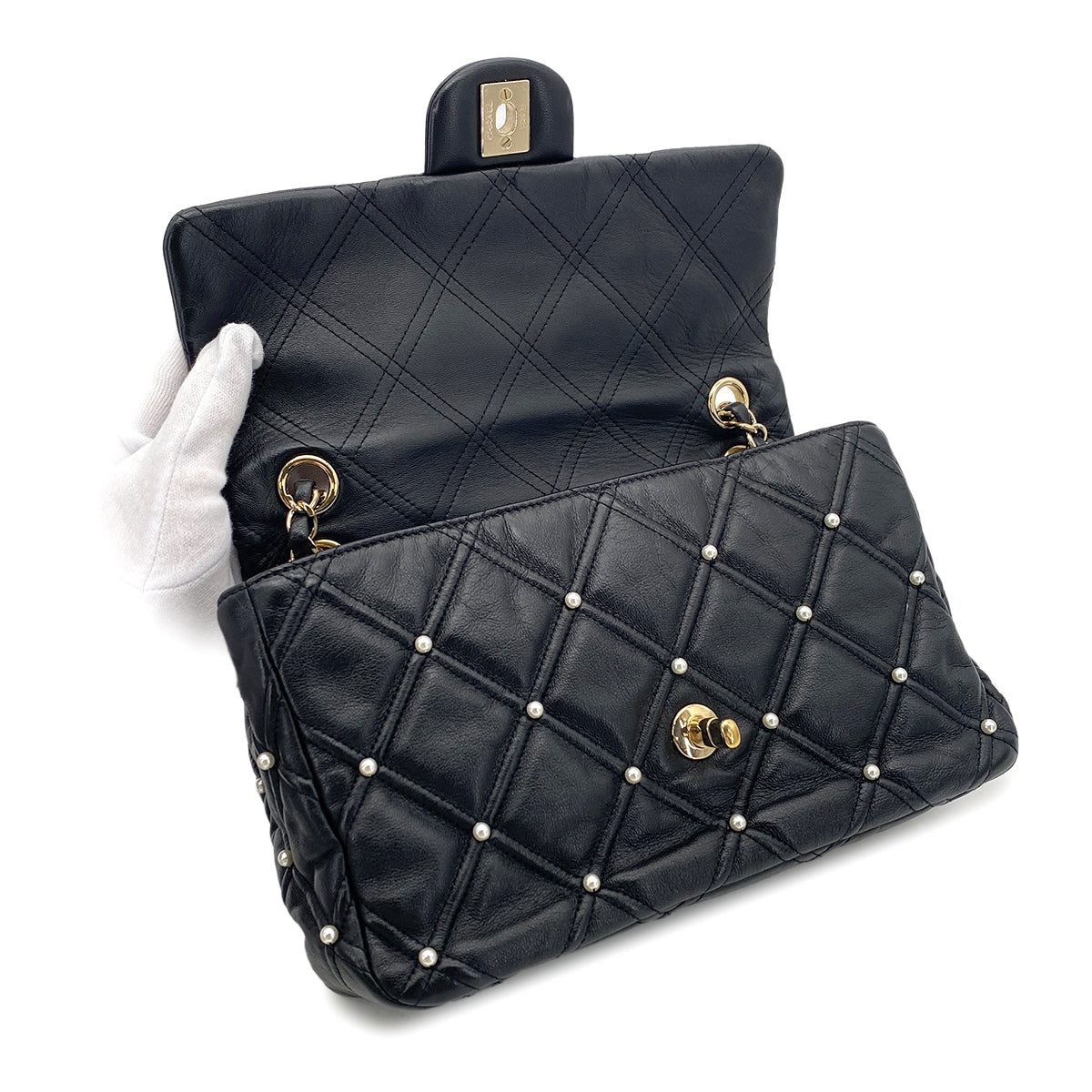 CHANEL MATELASSE CHAIN SHOULDER BAG FAUX PEARL BLACK LAMB SKIN 90274853