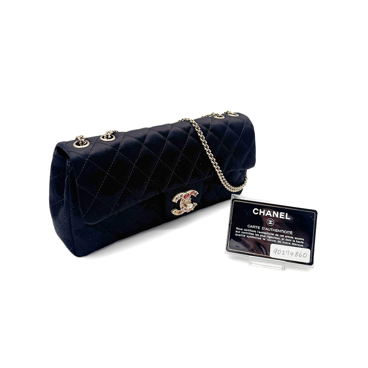 CHANEL MATELASSE BIJOU CHAIN SHOULDER BAG BLACK SATIN 90274860