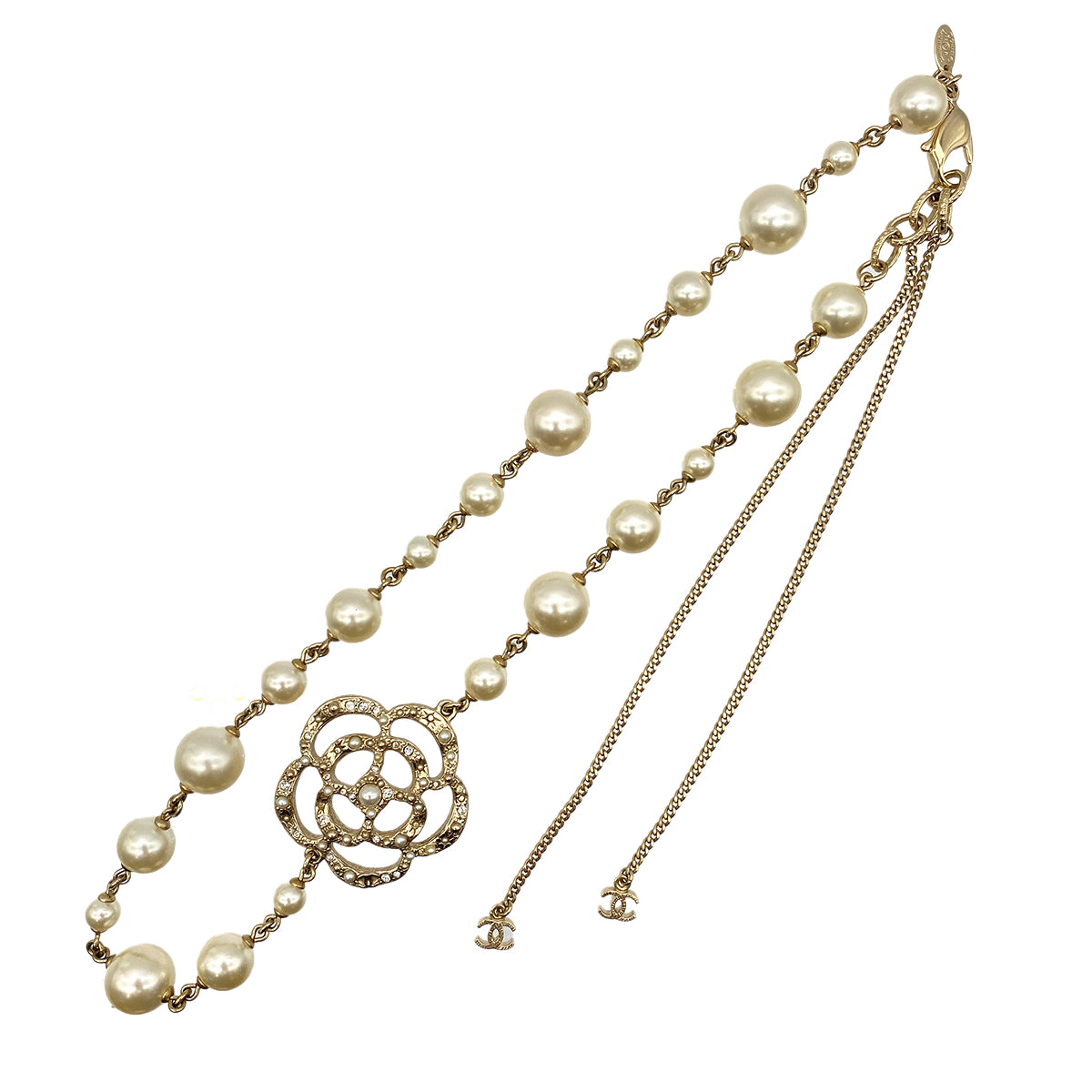 CHANEL NECKLACE CAMELLIA FAUX PEARL RHINESTONE COCOMARK ACCESSORY A13P 90274862