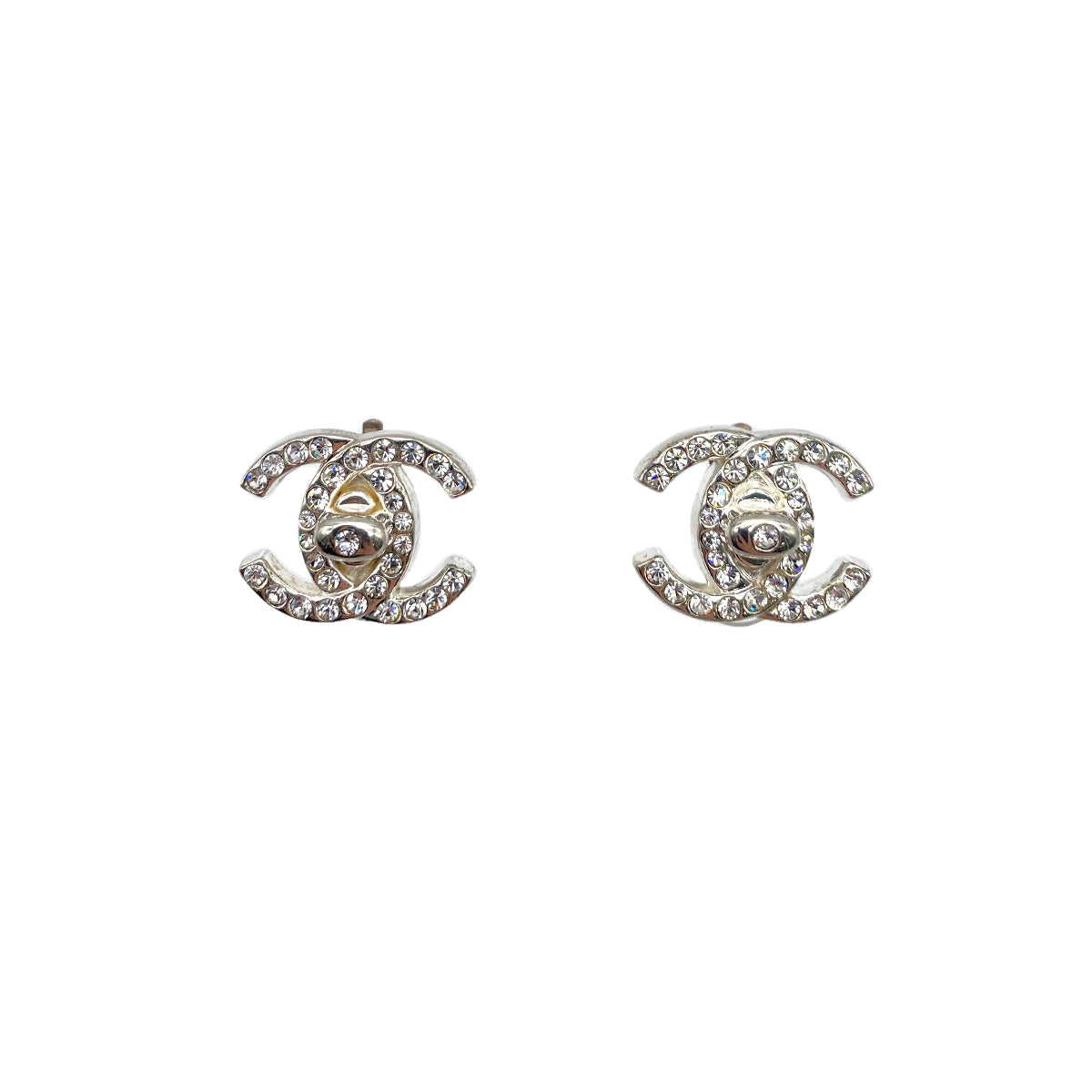 CHANEL VINTAGE EARRINGS TURN LOCK RHINESTONE SILVER ACCESSORY 97P 90274884