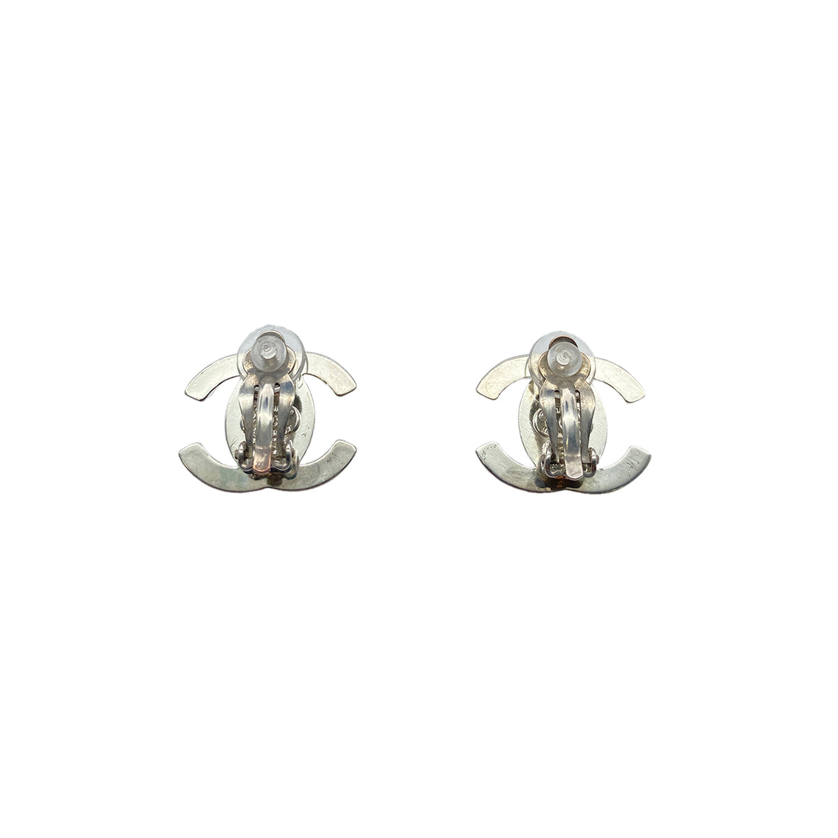 CHANEL VINTAGE EARRINGS TURN LOCK RHINESTONE SILVER ACCESSORY 97P 90274884