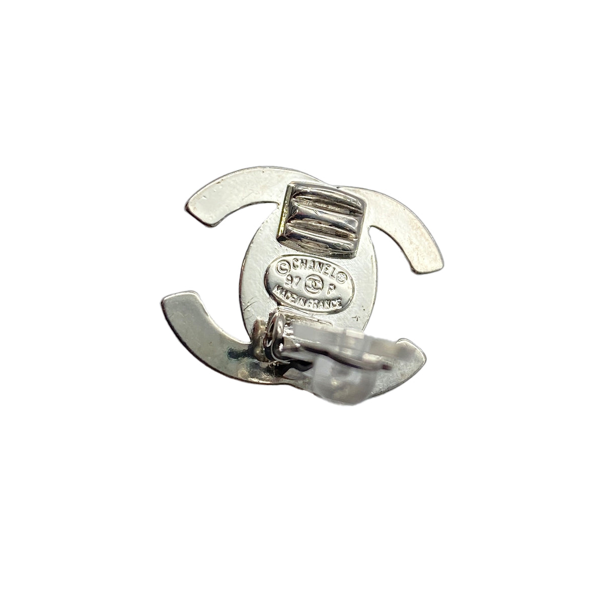 CHANEL VINTAGE EARRINGS TURN LOCK RHINESTONE SILVER ACCESSORY 97P 90274884