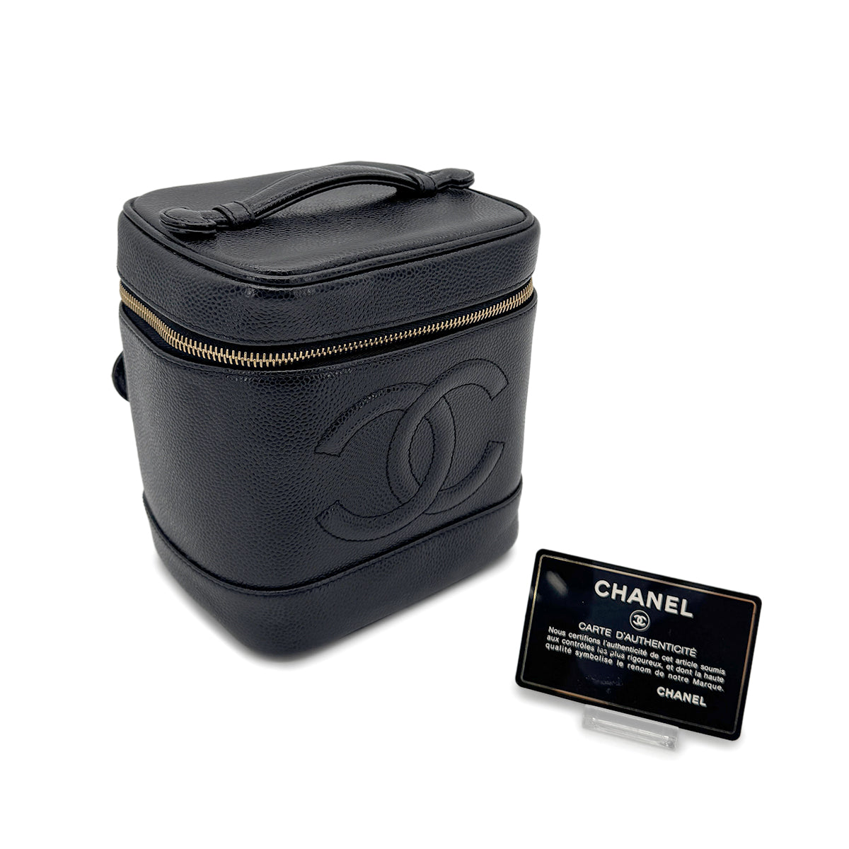 CHANEL VINTAGE VANITY HAND BAG BLACK CAVIAR SKIN 90275017