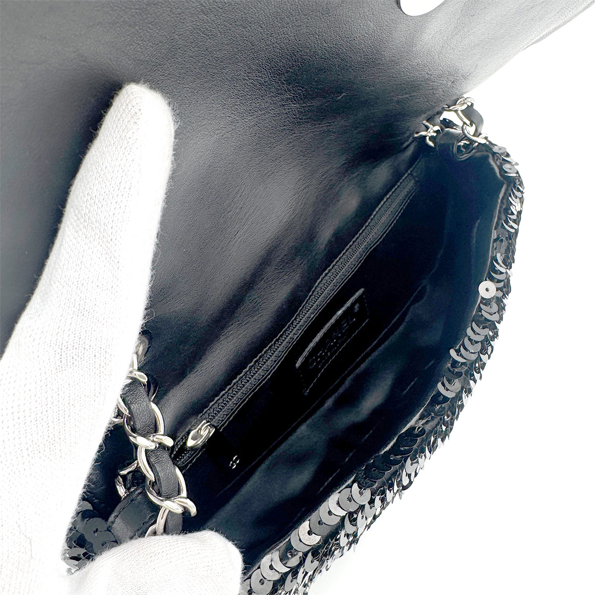 CHANEL VINTAGE CHAIN SHOULDER BAG BLACK SEQUINS LEATHER 90275021