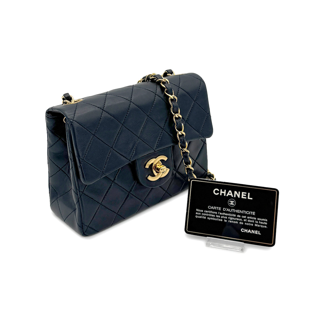 CHANEL VINTAGE MINI SQUARE 17 CHAIN SHOULDER BAG NAVY LAMB SKIN 90275025