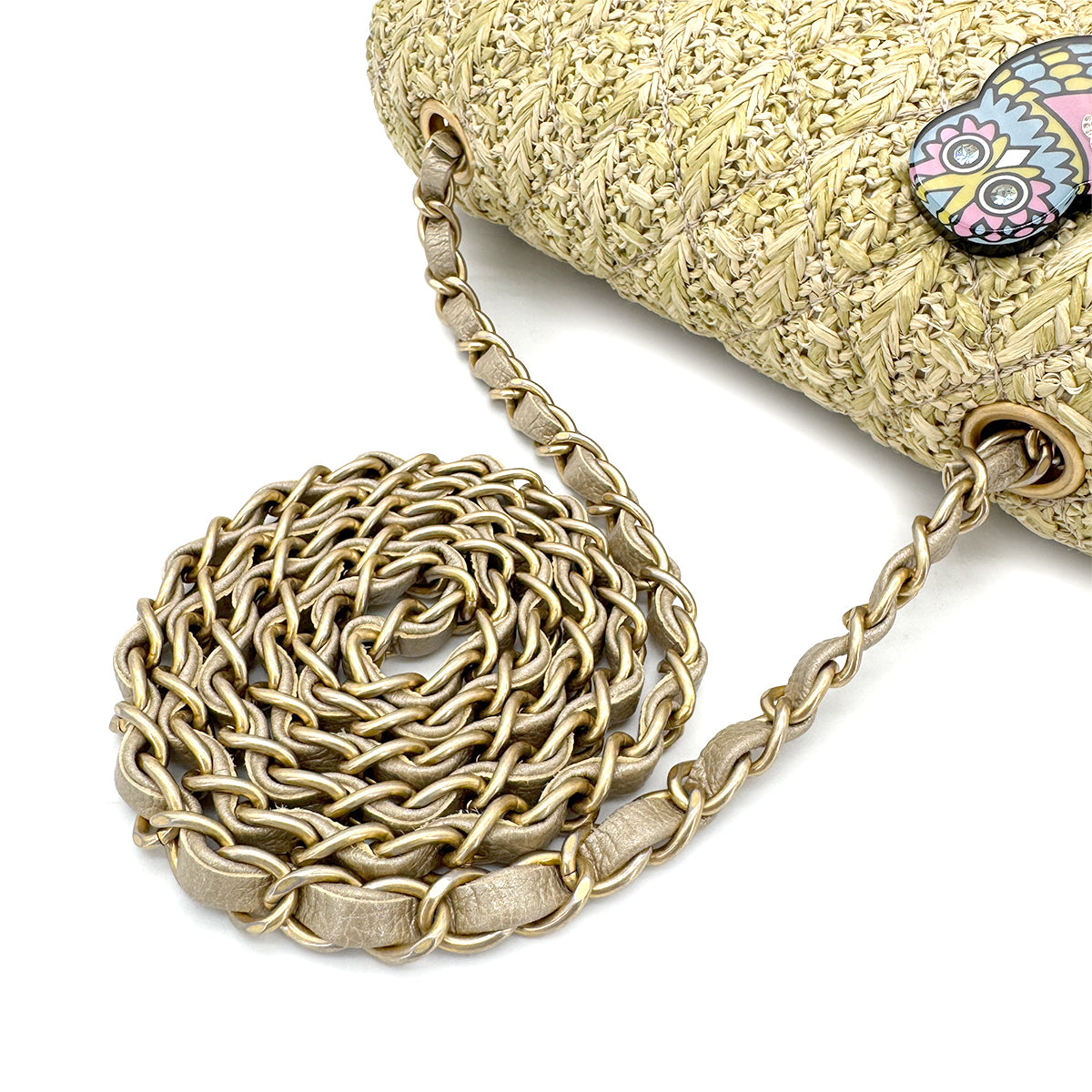 CHANEL MINI MATELASSE OWL CHARM CHAIN SHOULDER BAG  BEIGE RAFIA 90275046
