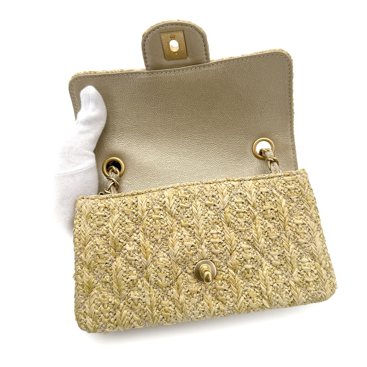 CHANEL MINI MATELASSE OWL CHARM CHAIN SHOULDER BAG  BEIGE RAFIA 90275046