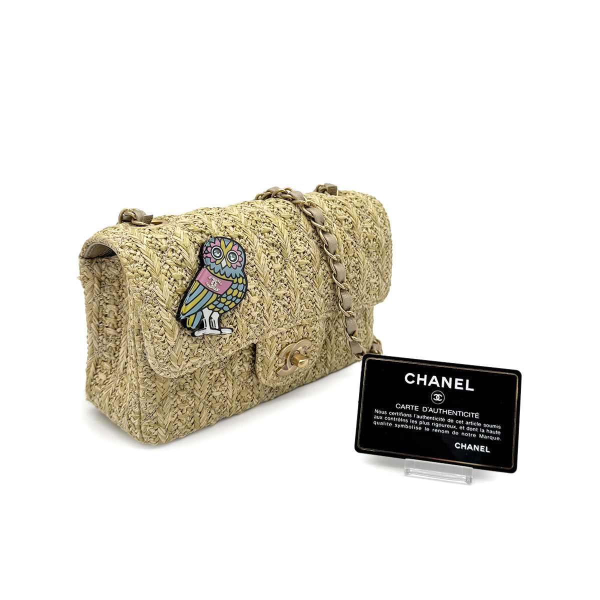 CHANEL MINI MATELASSE OWL CHARM CHAIN SHOULDER BAG  BEIGE RAFIA 90275046