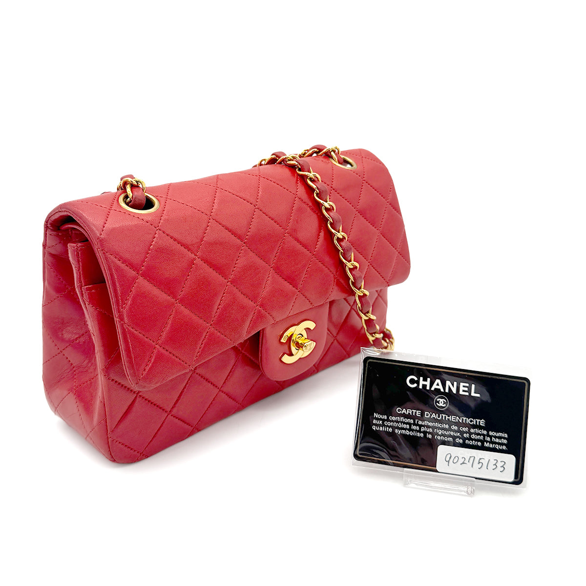 CHANEL VINTAGE MATELASSE SMALL CHAIN SHOULDER BAG RED LAMB SKIN 90275133