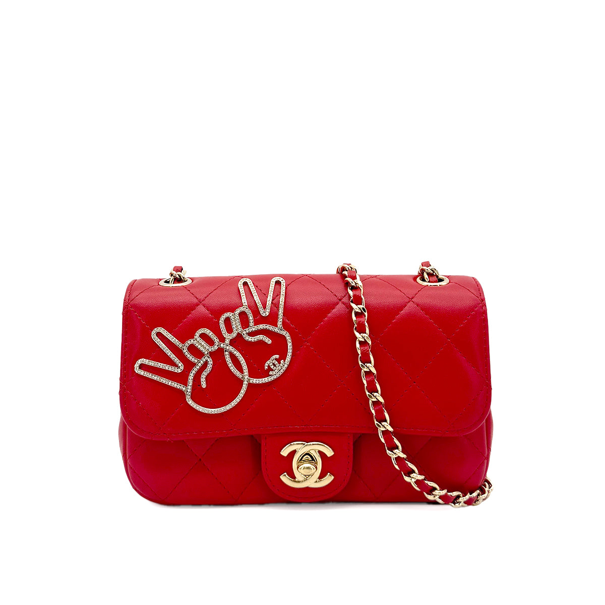 CHANEL MINI MATELASSE PEACE SIGN RHINESTONE CHAIN SHOULDER BAG RED LAMB SKIN 90275156