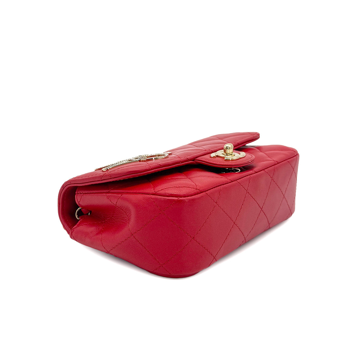 CHANEL MINI MATELASSE PEACE SIGN RHINESTONE CHAIN SHOULDER BAG RED LAMB SKIN 90275156