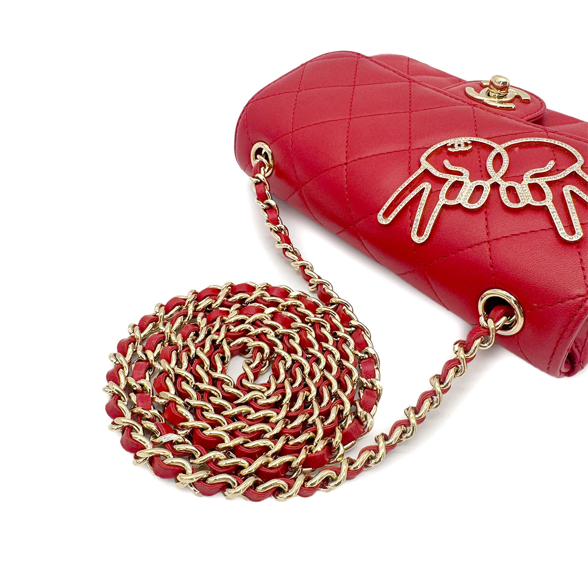 CHANEL MINI MATELASSE PEACE SIGN RHINESTONE CHAIN SHOULDER BAG RED LAMB SKIN 90275156