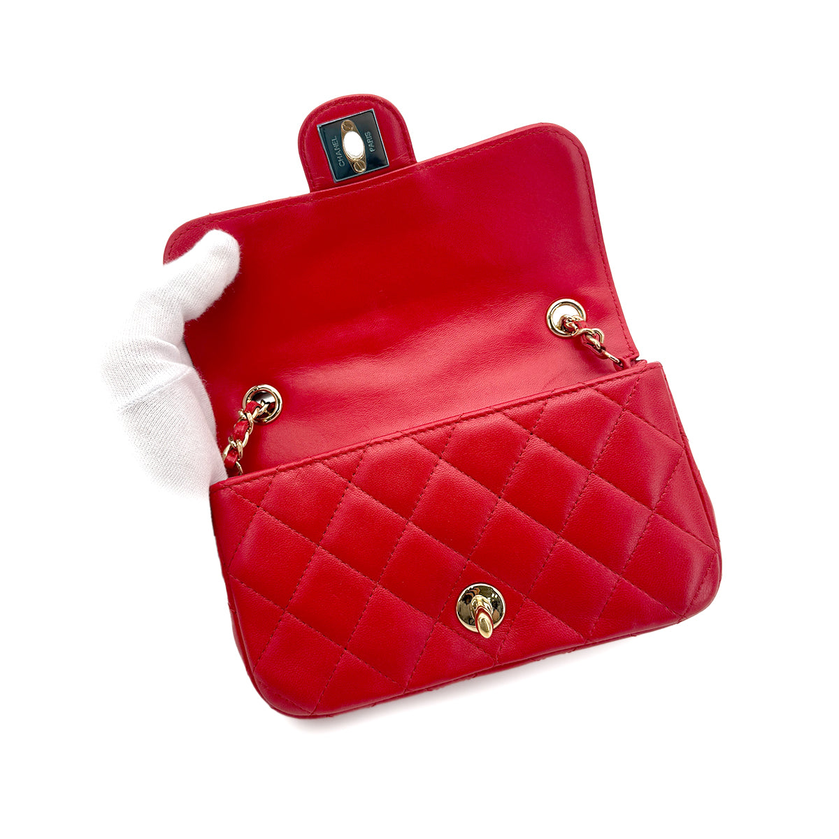 CHANEL MINI MATELASSE PEACE SIGN RHINESTONE CHAIN SHOULDER BAG RED LAMB SKIN 90275156