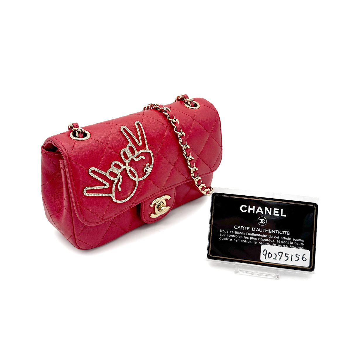 CHANEL MINI MATELASSE PEACE SIGN RHINESTONE CHAIN SHOULDER BAG RED LAMB SKIN 90275156