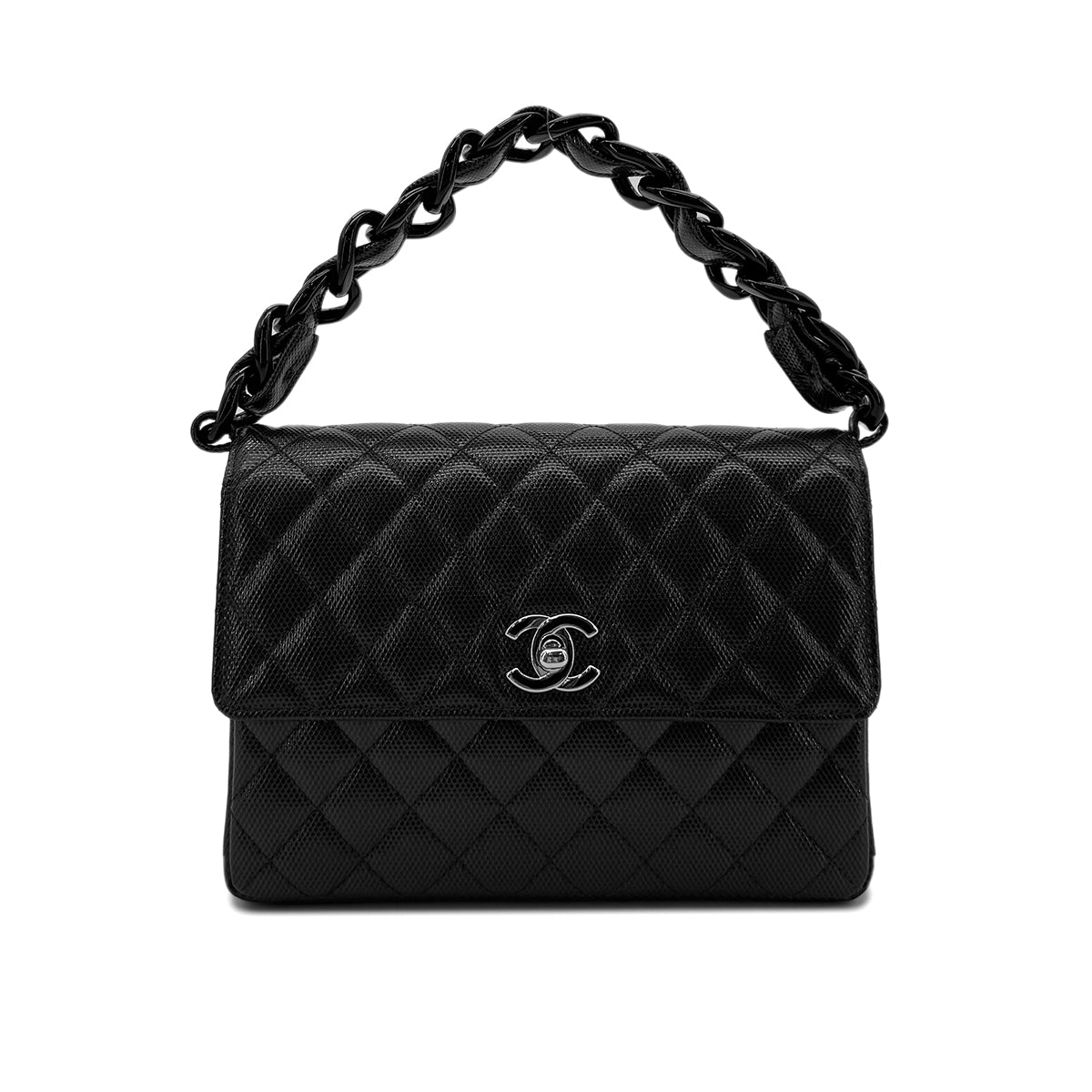 CHANEL VINTAGE MATELASSE CHAIN HAND BAG BLACK LEATHER 90275159