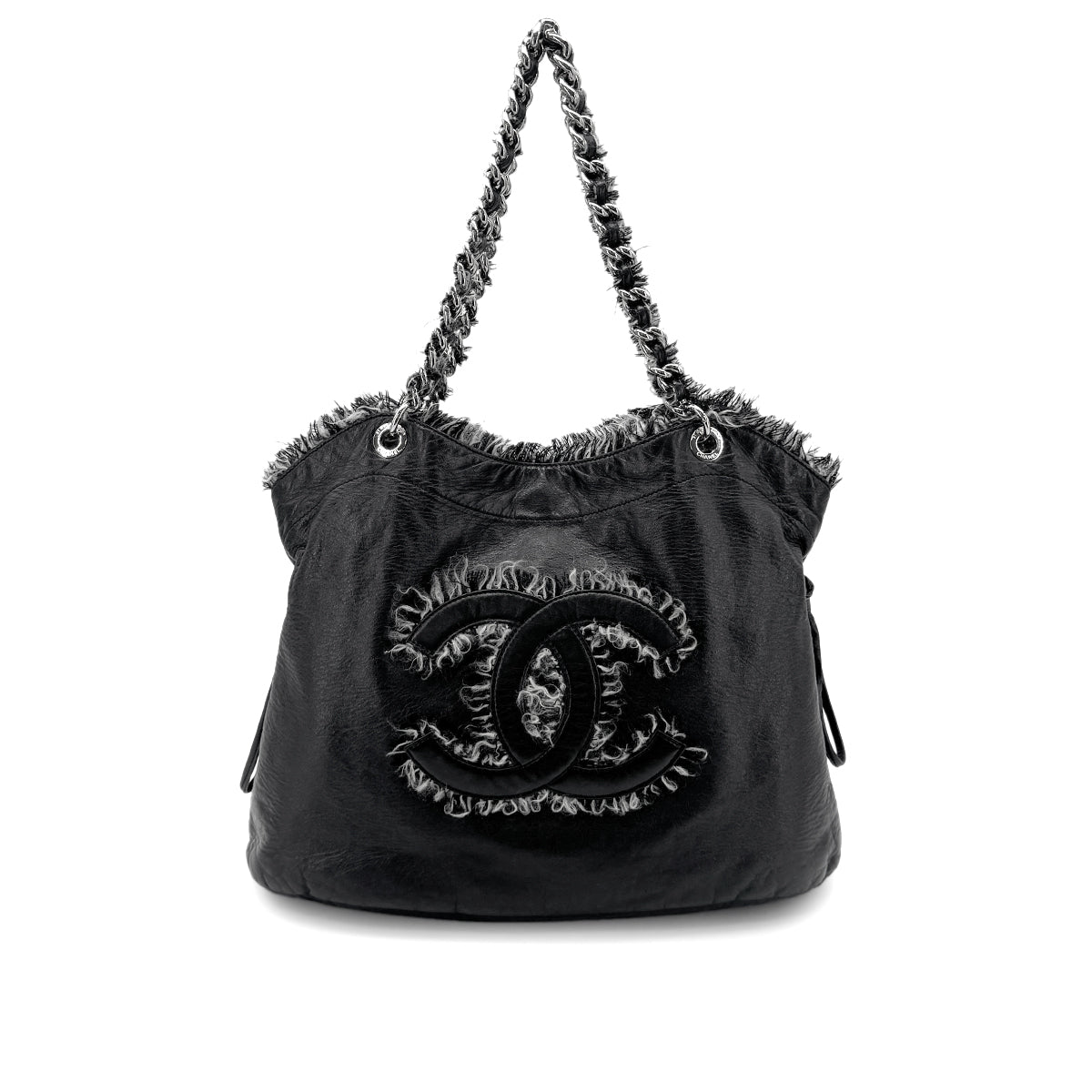 CHANEL CHAIN TOTE BAG BIG COCO BLACK TWEED LEATHER 90275166