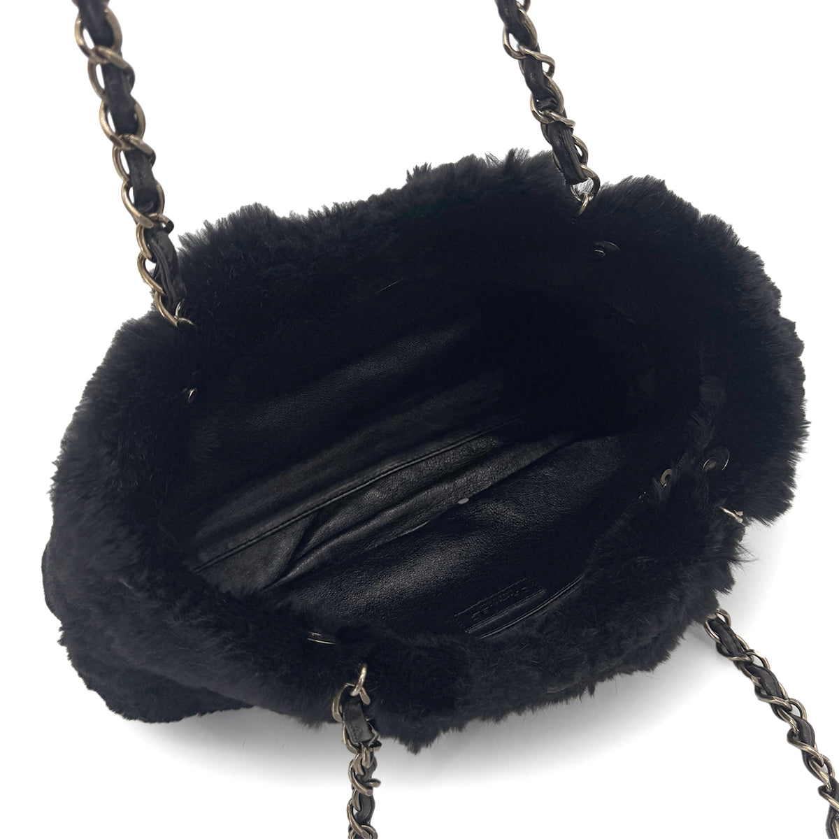 CHANEL VINTAGE CHAIN SHOULDER BAG BLACK LEATHER FUR 90275598