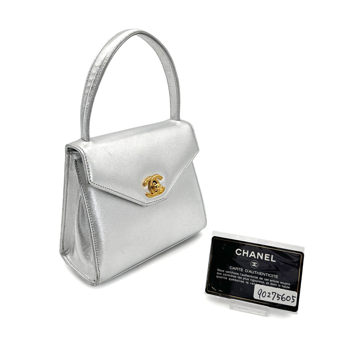 CHANEL VINTAGE HAND BAG SILVER LAMB SKIN 90275605