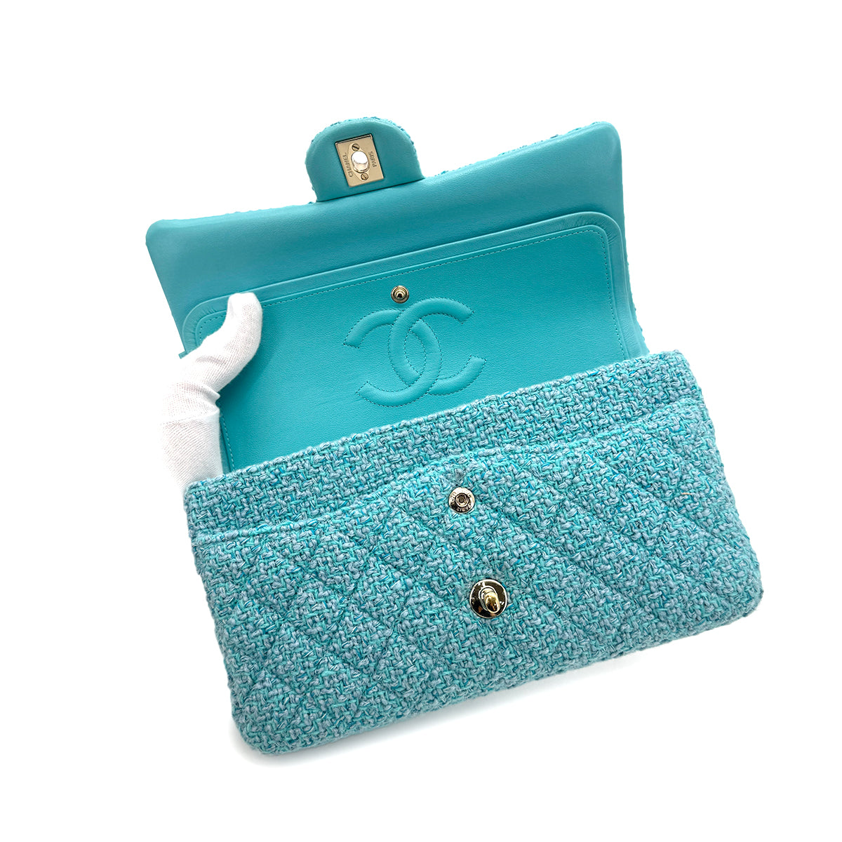 CHANEL CHAIN SHOULDER BAG BLUE TWEED 90275616