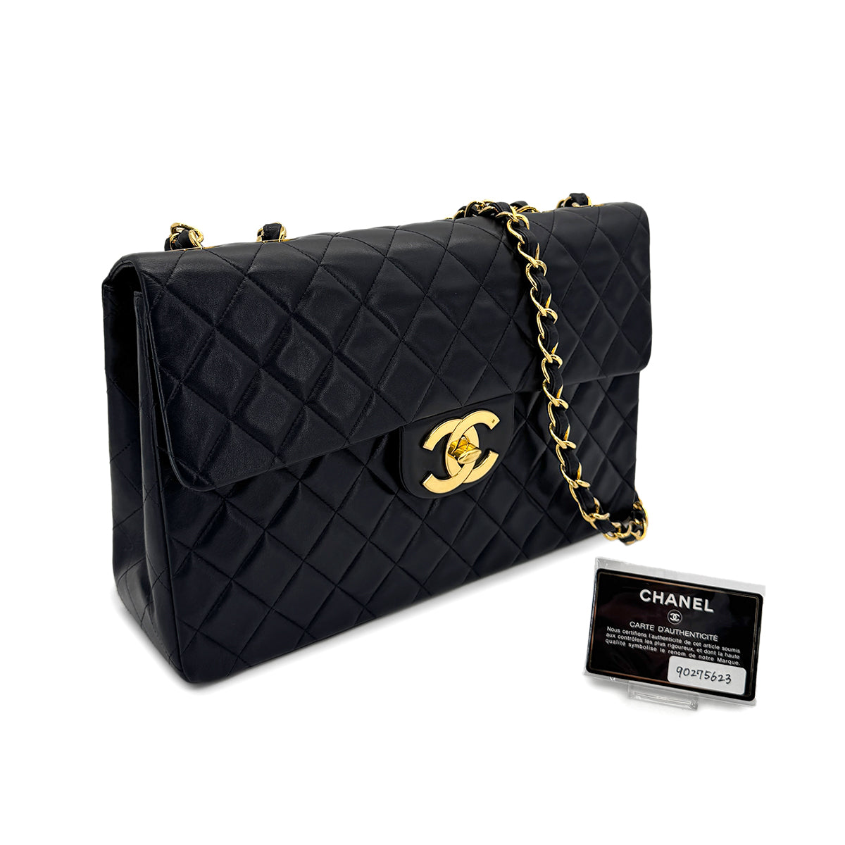 CHANEL VINTAGE MAXI MATELASSE 34 CHAIN SHOULDER BAG BLACK LAMB SKIN 90275623