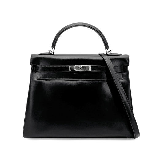 HERMES KELLY 32 RETOURNE BLACK BOXCALF HAND SHOULDER BAG □F SHW 90275886