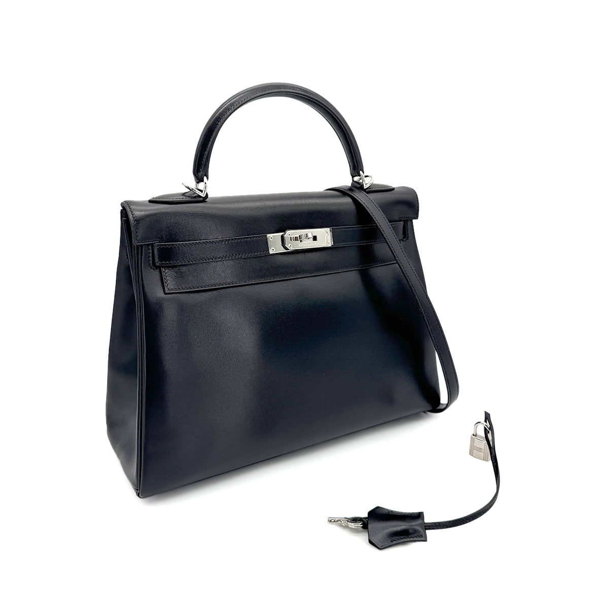 HERMES KELLY 32 RETOURNE BLACK BOXCALF HAND SHOULDER BAG □F SHW 90275886