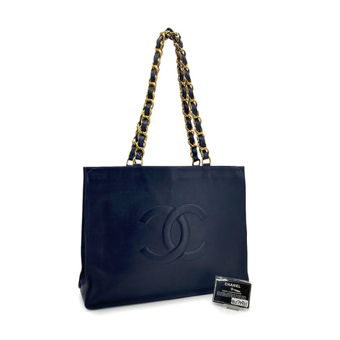 CHANEL VINTAGE BIG COCO CHAIN TOTE BAG NAVY LEATHER 90275901 - PURPOSE