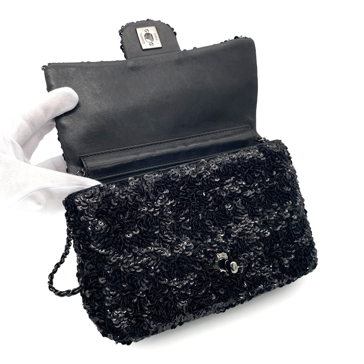 CHANELMINI CHAIN SHOULDER BAG BLACK SEQUINS 90275978
