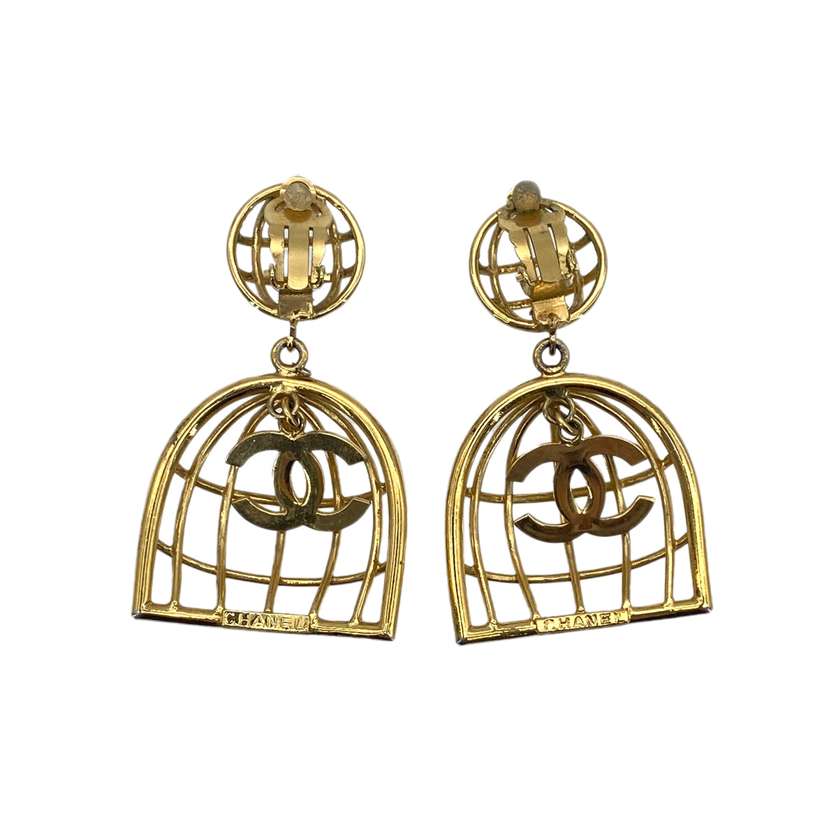 CHANEL VINTAGE EARRINGS COCOMARK BIRDCAGE SWING ACCESSORY GOLD 90276352