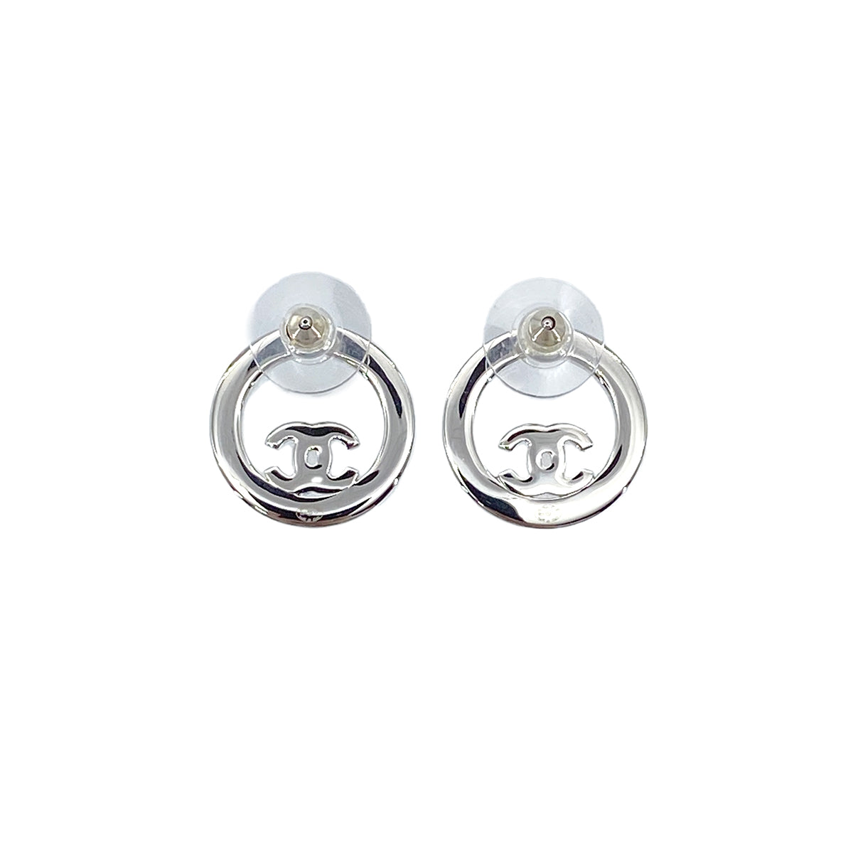 CHANEL EARRINGS COCOMARK RHINESTONE CIRCLE SILVER ACCESSORY B24V 90276375