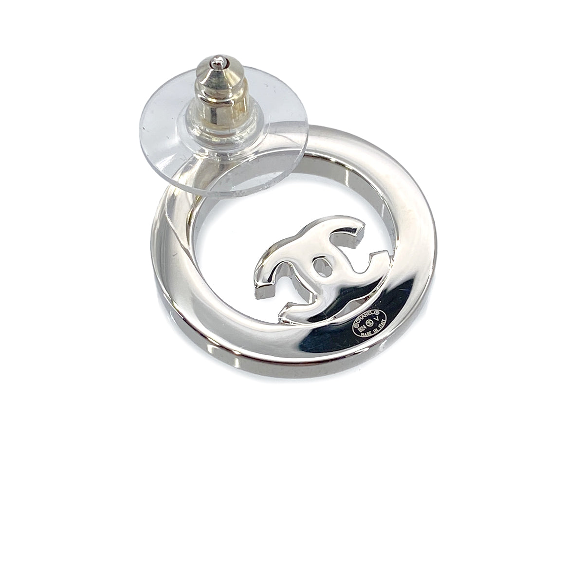 CHANEL EARRINGS COCOMARK RHINESTONE CIRCLE SILVER ACCESSORY B24V 90276375
