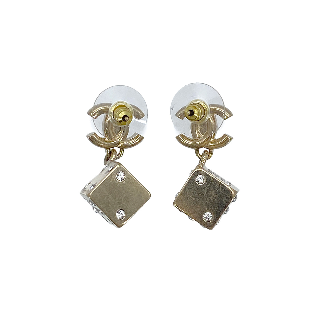 CHANEL EARRINGS TURN LOCK DICE RHINESTONE GOLD ACCESSORY B21P 90276376