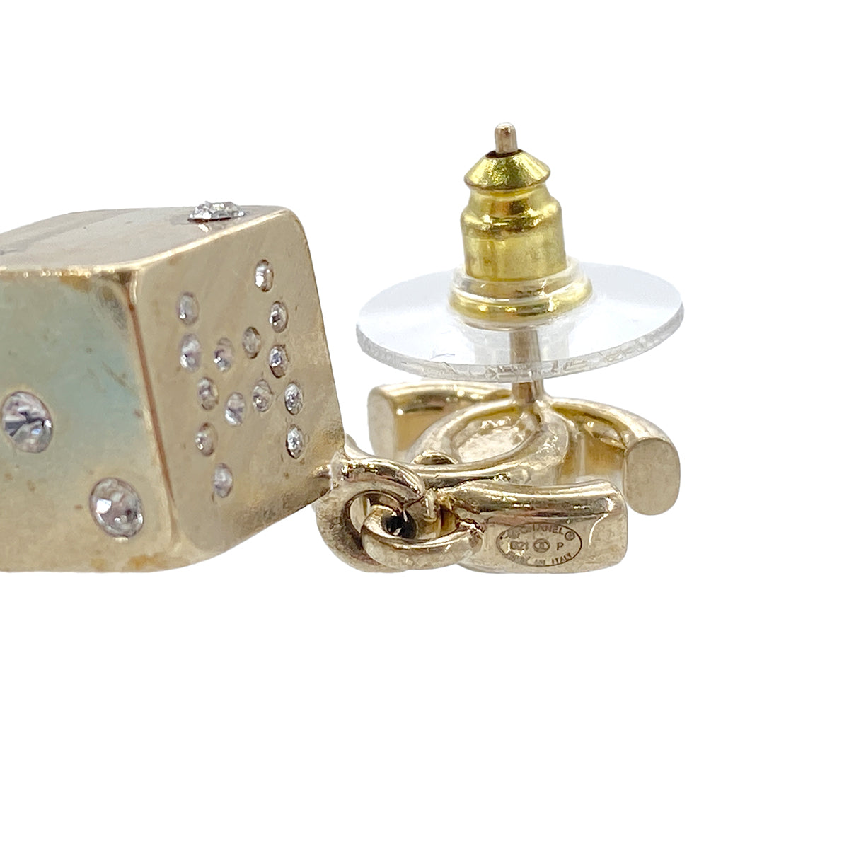 CHANEL EARRINGS TURN LOCK DICE RHINESTONE GOLD ACCESSORY B21P 90276376