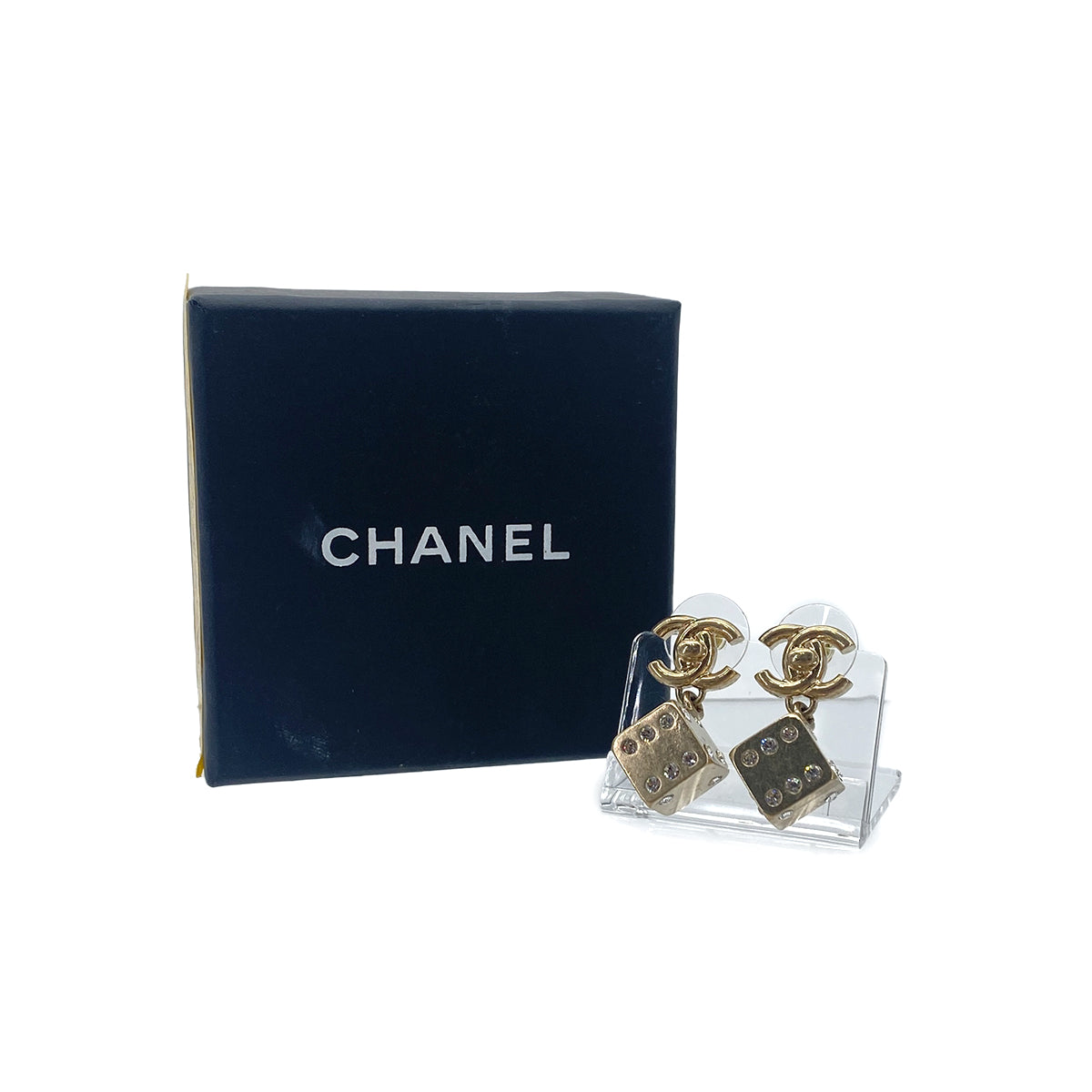 CHANEL EARRINGS TURN LOCK DICE RHINESTONE GOLD ACCESSORY B21P 90276376