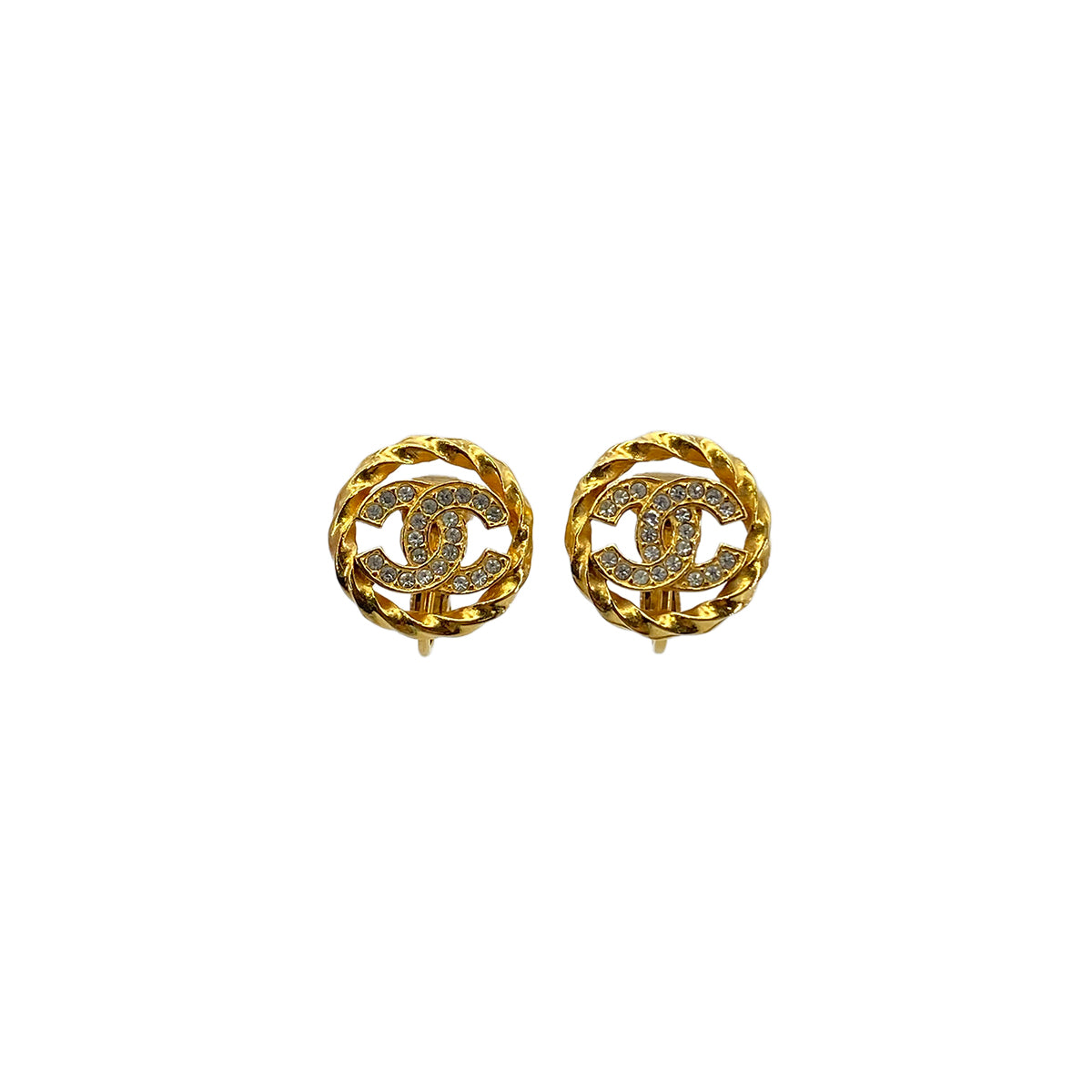CHANEL VINTAGE EARRINGS COCOMARK RHINESTONE CIRCLE GOLD ACCESSORY 90276378