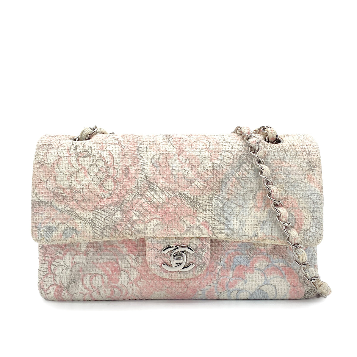 CHANEL MATELASSE CAMELLIA CHAIN SHOULDER BAG MULTICOLOR TWEED 90276393