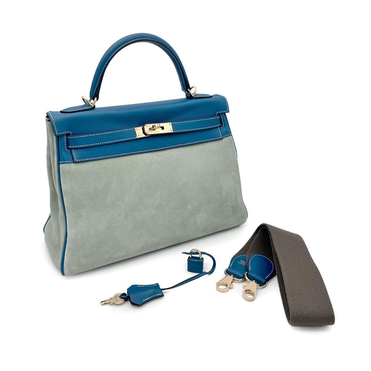 HERMES KELLY 32 AMAZON RETOURNE BLEU DE GALICE DEBRIS HAND SHOULDER BAG R SHW 90276747