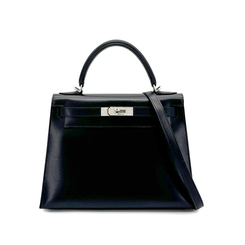HERMES KELLY 28 SELLIER GUILLOCHE BLACK BOXCALF HAND SHOULDER BAG □G 90276766 - PURPOSE