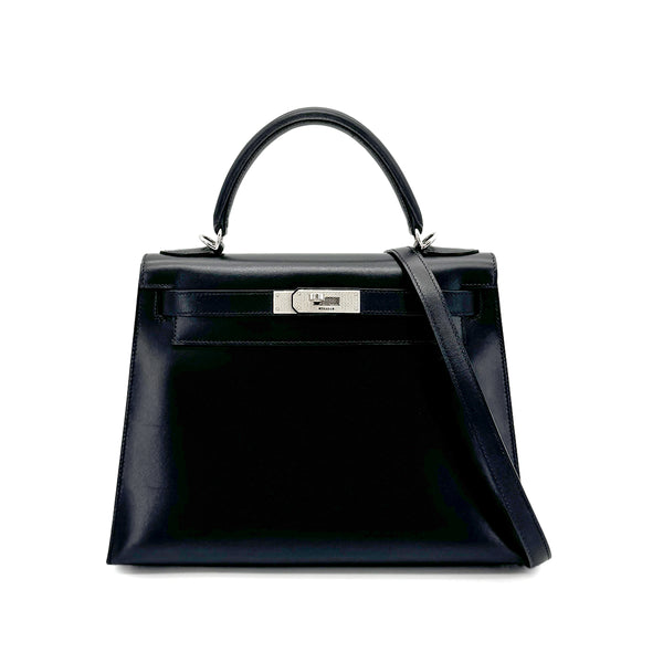 HERMES KELLY 28 SELLIER GUILLOCHE BLACK BOXCALF HAND SHOULDER BAG □G 90276766 - PURPOSE