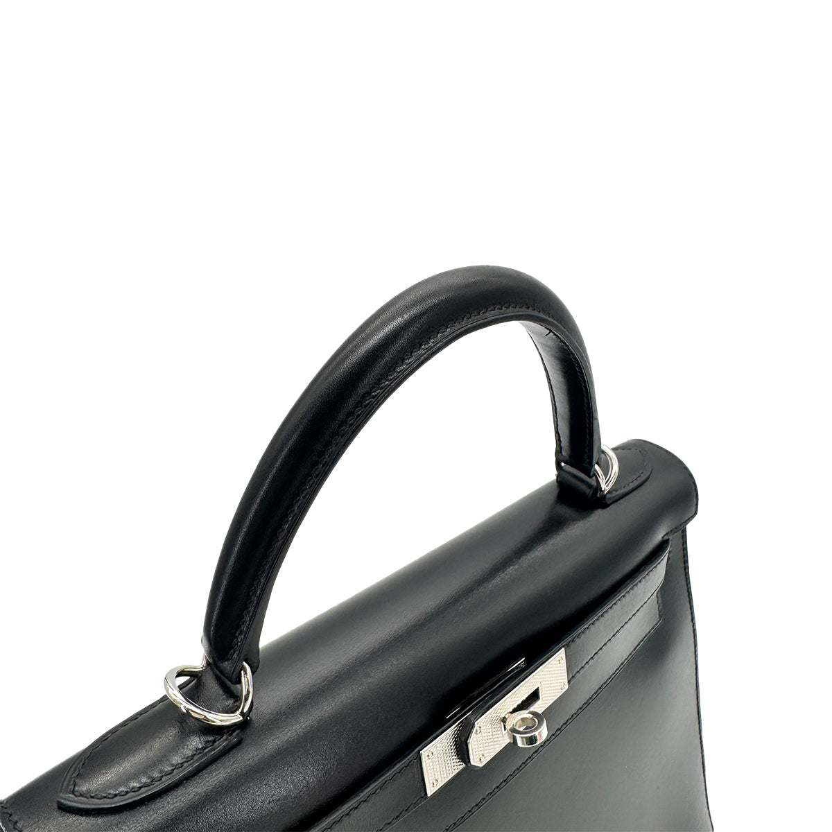 HERMES KELLY 28 SELLIER GUILLOCHE BLACK BOXCALF HAND SHOULDER BAG □G 90276766