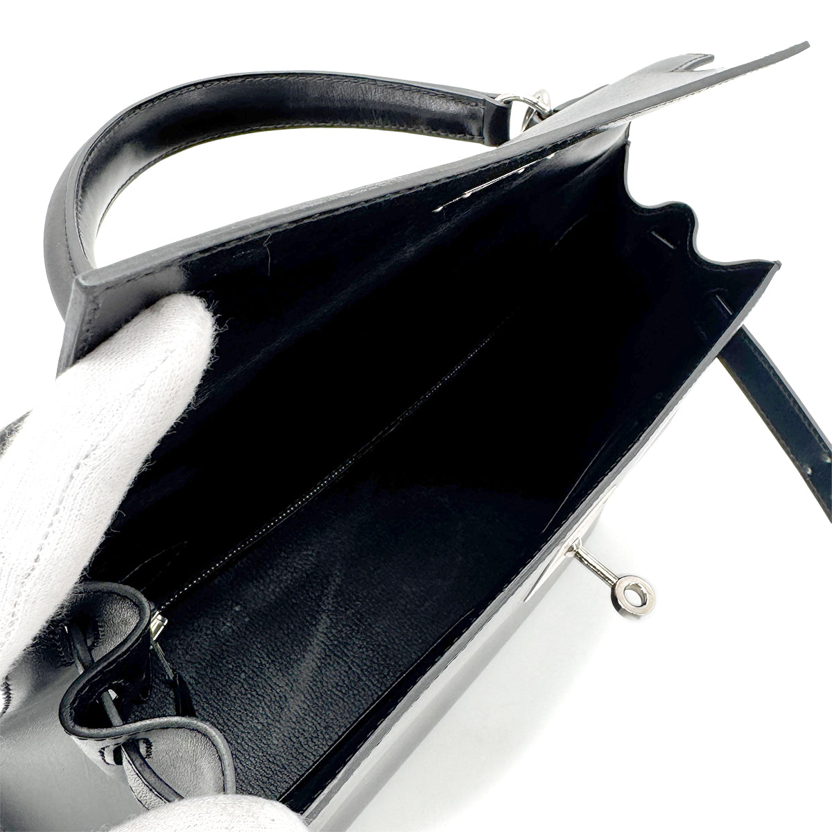 HERMES KELLY 28 SELLIER GUILLOCHE BLACK BOXCALF HAND SHOULDER BAG □G 90276766