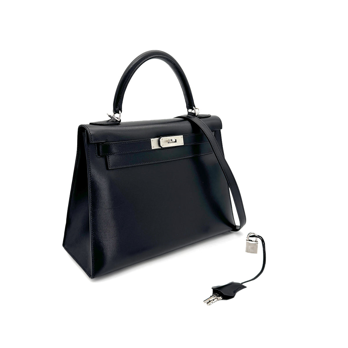 HERMES KELLY 28 SELLIER GUILLOCHE BLACK BOXCALF HAND SHOULDER BAG □G 90276766