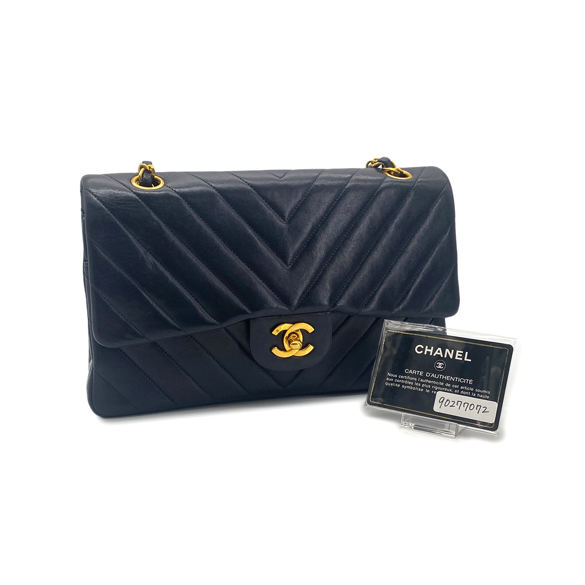 CHANEL VINTAGE CHEVRON CHAIN SHOULDER BAG NAVY LAMB SKIN 90277072