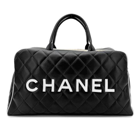 CHANEL VINTAGE LOGO BOWLING HAND BAG BLACK WHITE LEATHER 90277079 - PURPOSE
