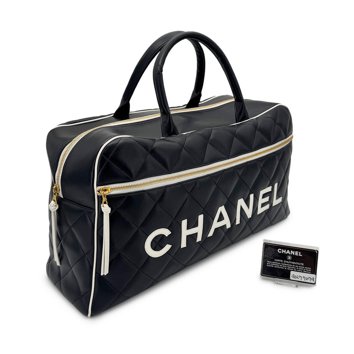 CHANEL VINTAGE LOGO BOWLING HAND BAG BLACK WHITE LEATHER 90277079