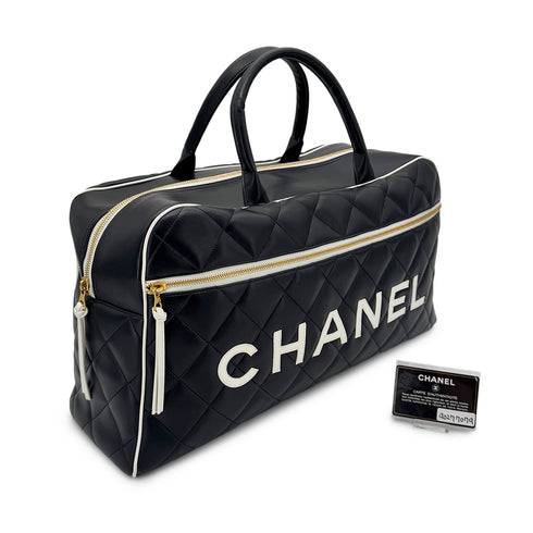 CHANEL VINTAGE LOGO BOWLING HAND BAG BLACK WHITE LEATHER 90277079 - PURPOSE