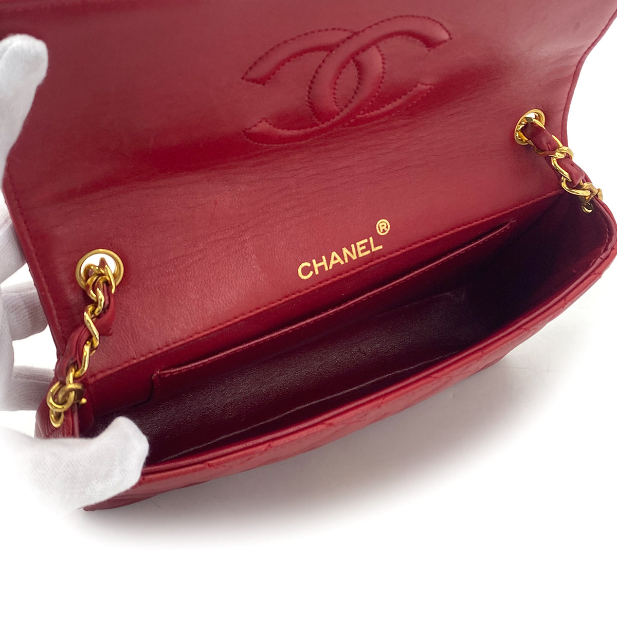 CHANEL VINTAGE MATELASSE BIG COCO CHAIN SHOULDER BAG RED LAMB SKIN 90277087
