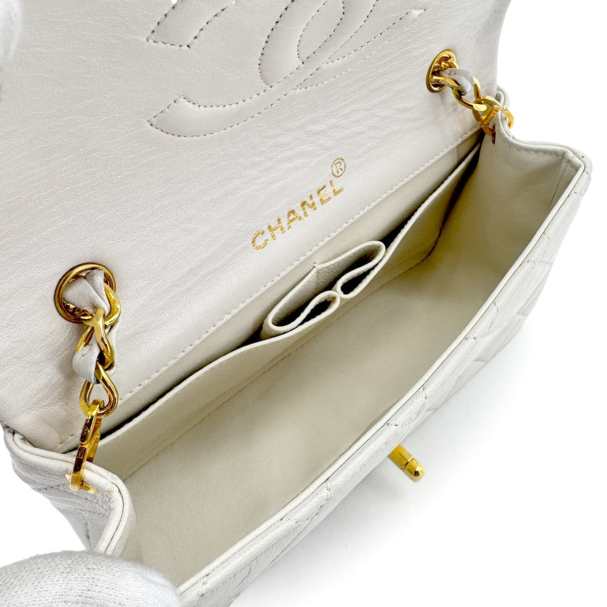 CHANEL VINTAGE FULL FLAP CHAIN SHOULDER BAG WHITE LAMB SKIN 90277088