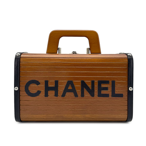 CHANEL VINTAGE LOGO WOOD VANITY HAND BAG BROWN WOOD LEATHER 90277237