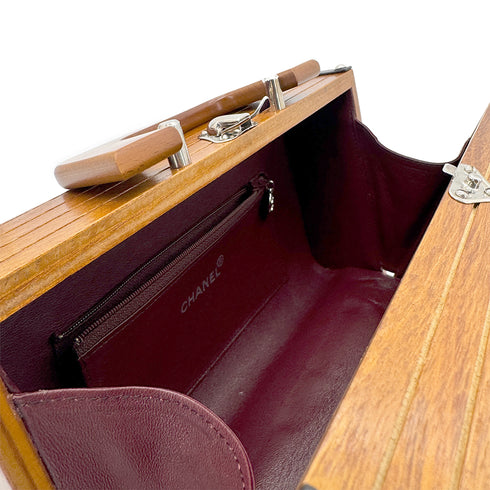 CHANEL VINTAGE LOGO WOOD VANITY HAND BAG BROWN WOOD LEATHER 90277237